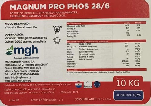 Magnum Pro Phos 28/6 Proteico Fosfórico Vitamínico para Rumiantes. Crecimiento, Engorde y Reproducción.
