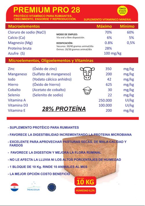 Premium Pro 28 Proteico Vitamínico para Rumiantes. Crecimiento, Engorde y Reproducción.