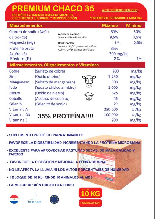 Premium Chaco 35 Proteico Vitamínico para Rumiantes. Crecimiento, Engorde y Reproducción