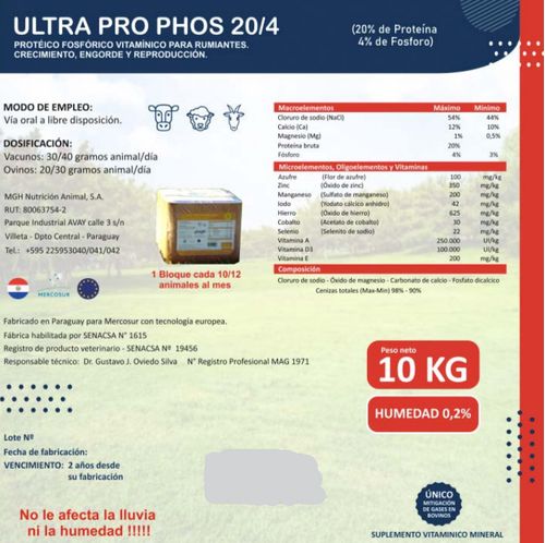 Ultra Pro Phos 20/4 Proteico Fosfórico Vitamínico para Rumiantes. Crecimiento, Engorde y Reproducción.